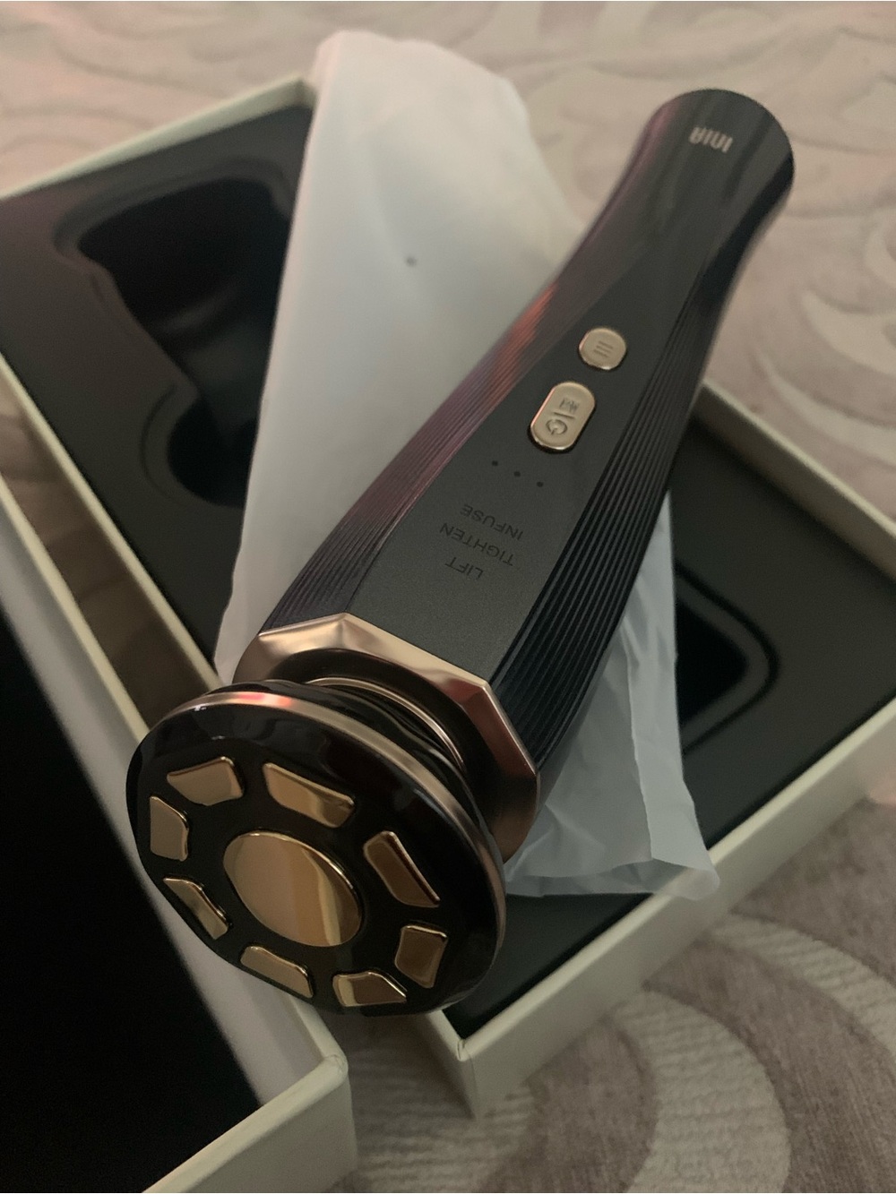 INIA Flare Microcurrent Facial Red Light, Heat, Vibration Massager -Black & Gold